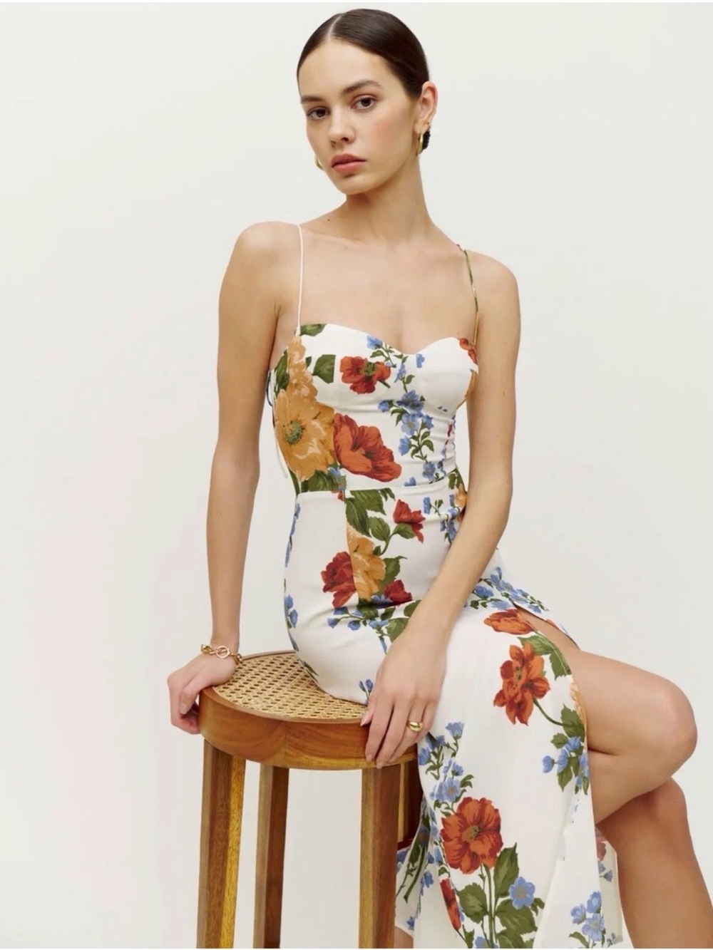 Reformation Floral Spaghetti-Strap Midi Dress in White